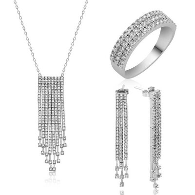 Tekbir Silver - Gümüş Beyaz Taşlı Su Yolu Bayan Set