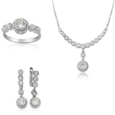 Tekbir Silver - Gümüş Beyaz Taşlı Su Yolu Bayan Set
