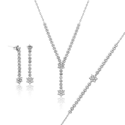 Tekbir Silver - Gümüş Beyaz Taşlı Su Yolu Bayan Set