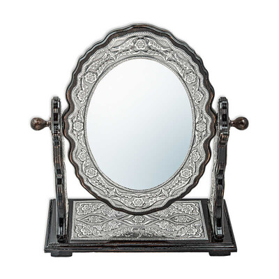 Gumush - Gümüş Çiçek Desenli Oval Çift Taraflı Ayna