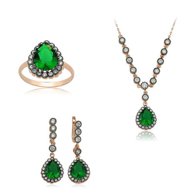 Tekbir Silver - Gümüş Elmas Model Yeşil Damla Bayan Set