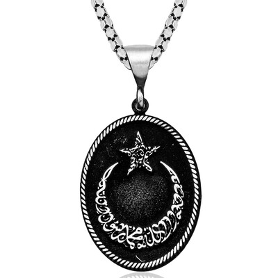 Gumush - Gümüş Göktürkçe alfabesi Yazılı Ay Yıldız Erkek kolye