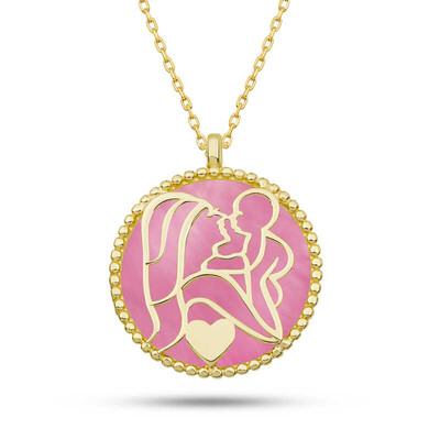 Gumush - Gümüş Gold Pembe Sedef Taşlı Anne Çocuk Sevgisi Kolye