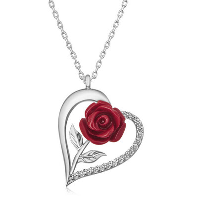 Gumush - Sterling Silver 925 Red Rose Heart Necklace for Women