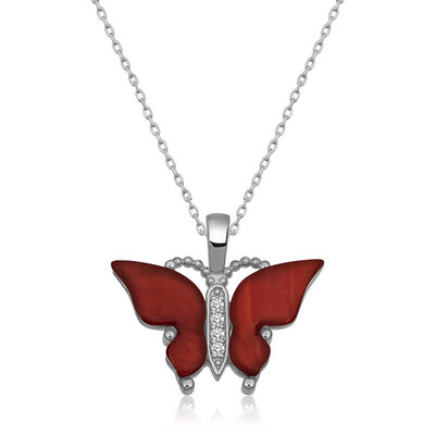 Gumush - Gümüş Kırmızı Kaplangözü Taşlı Kelebek Kolye