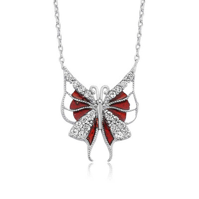 Tekbir Silver - Gümüş Kırmızı Kelebek Bayan Kolye