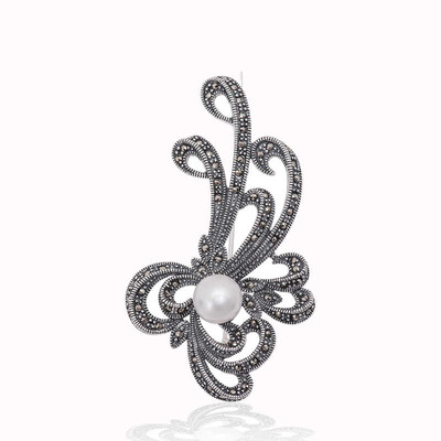 Tekbir Silver - Gümüş Markazit Taşlı Desenli İnci Broş