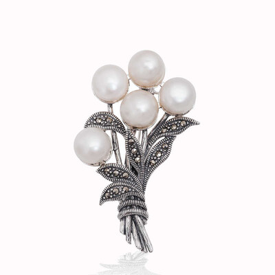 Tekbir Silver - Gümüş Markazit Taşlı İnci Demeti Broş