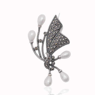 Tekbir Silver - Gümüş Markazit Taşlı İncili Broş