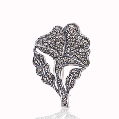Tekbir Silver - Gümüş Markazit Taşlı Yaprak Broş