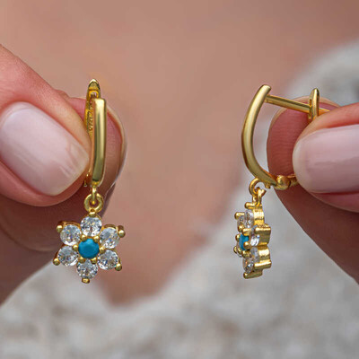 Gumush - Gümüş Mavi Taşlı Gold Çiçek Kadın Set (1)