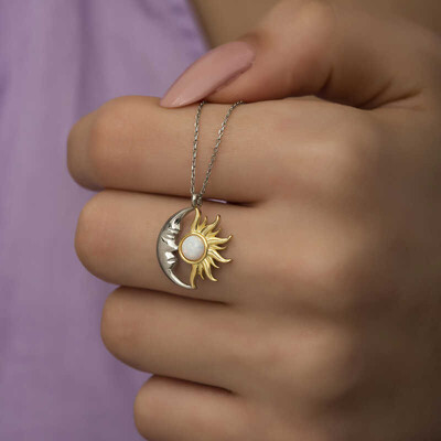Gumush - Gümüş Opal Beyaz Taşlı Ay Güneş Kadın Kolye