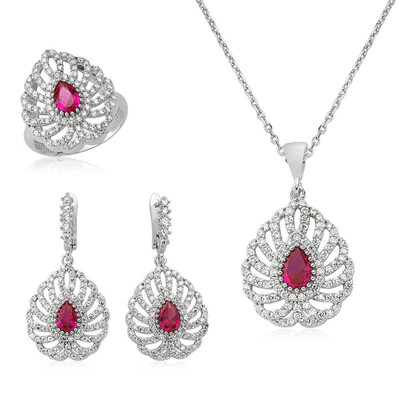 Tekbir Silver - Gümüş Pembe Taşlı Damla Bayan Set