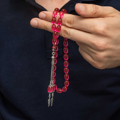 Gumush - Gümüş Püsküllü Pembe Ateş Kehribar Tesbih (1)