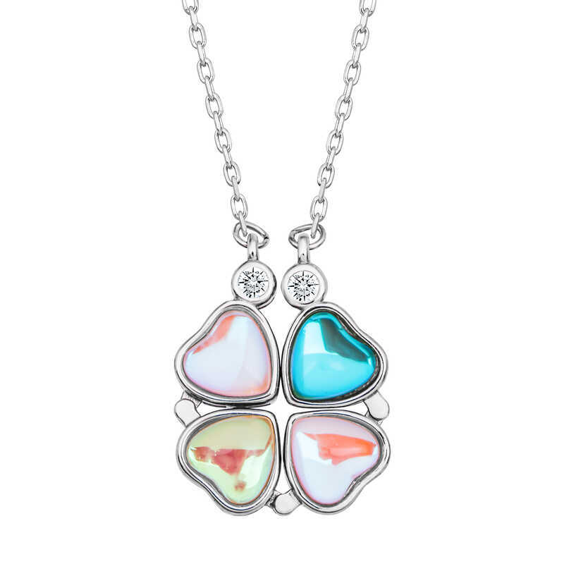 Gümüş Renkli Kalpli Açılabilen Yonca Kadın Kolye - Thumbnail