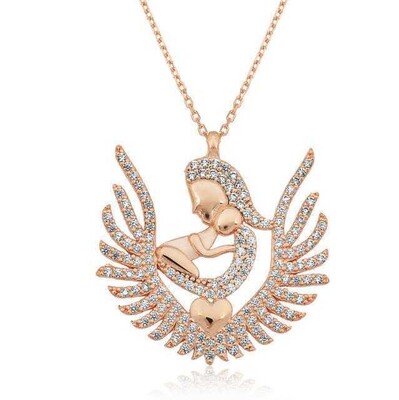 Tekbir Silver - ​Gümüş Rose Kalpli Anne Çocuk Kolyesi