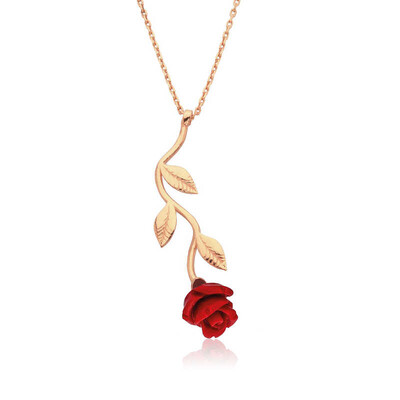 Tekbir Silver - Sterling Silver 925 Red Rose Necklace for Women