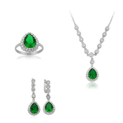 Tekbir Silver - Gümüş Yeşil Taşlı Damla Bayan Set