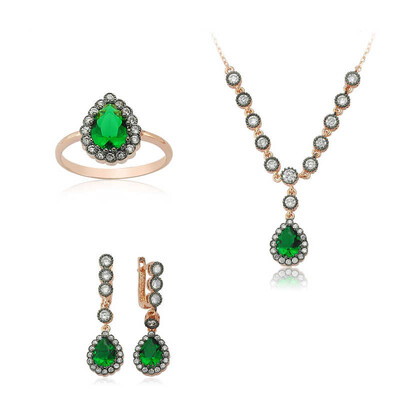 Tekbir Silver - Gümüş Yeşil Taşlı Damla Bayan Set