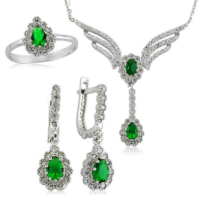 Tekbir Silver - Gümüş Yeşil Taşlı Kanat Bayan Set