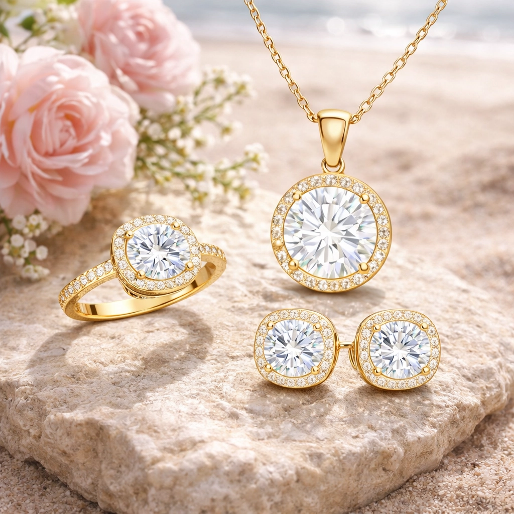 Gümüş Gold Yuvarlak Montür Tek Taş Kadın Set
