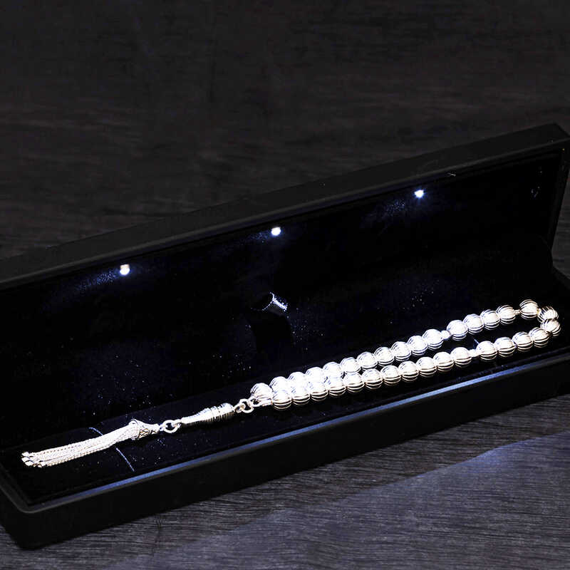 Silver Illuminated Boxed Patterned Round Prayer Beads
