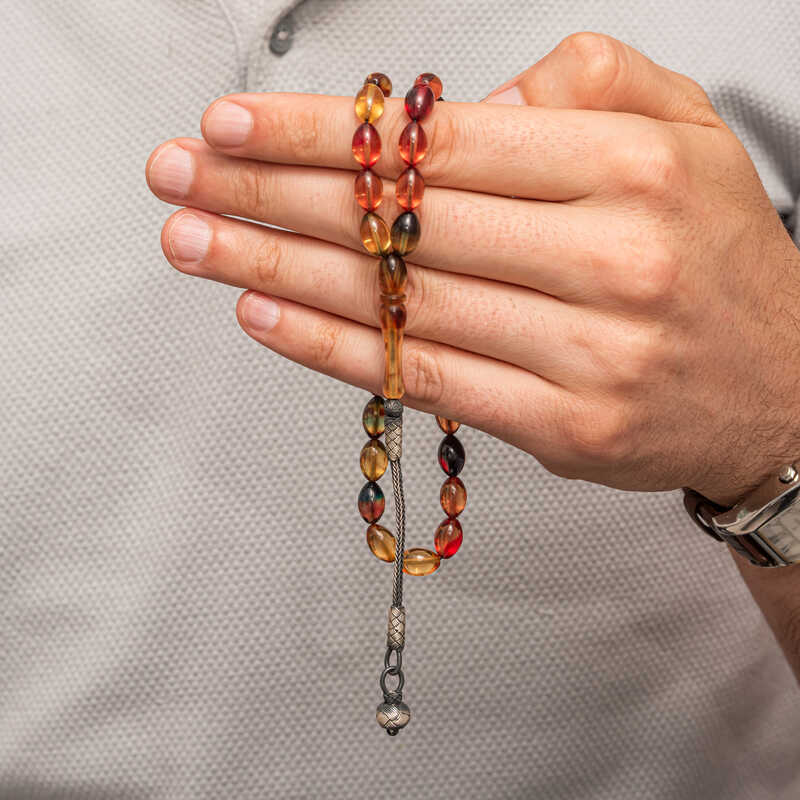 Gümüş Top Kazaz Püsküllü Sıkma Kehribar Tesbih