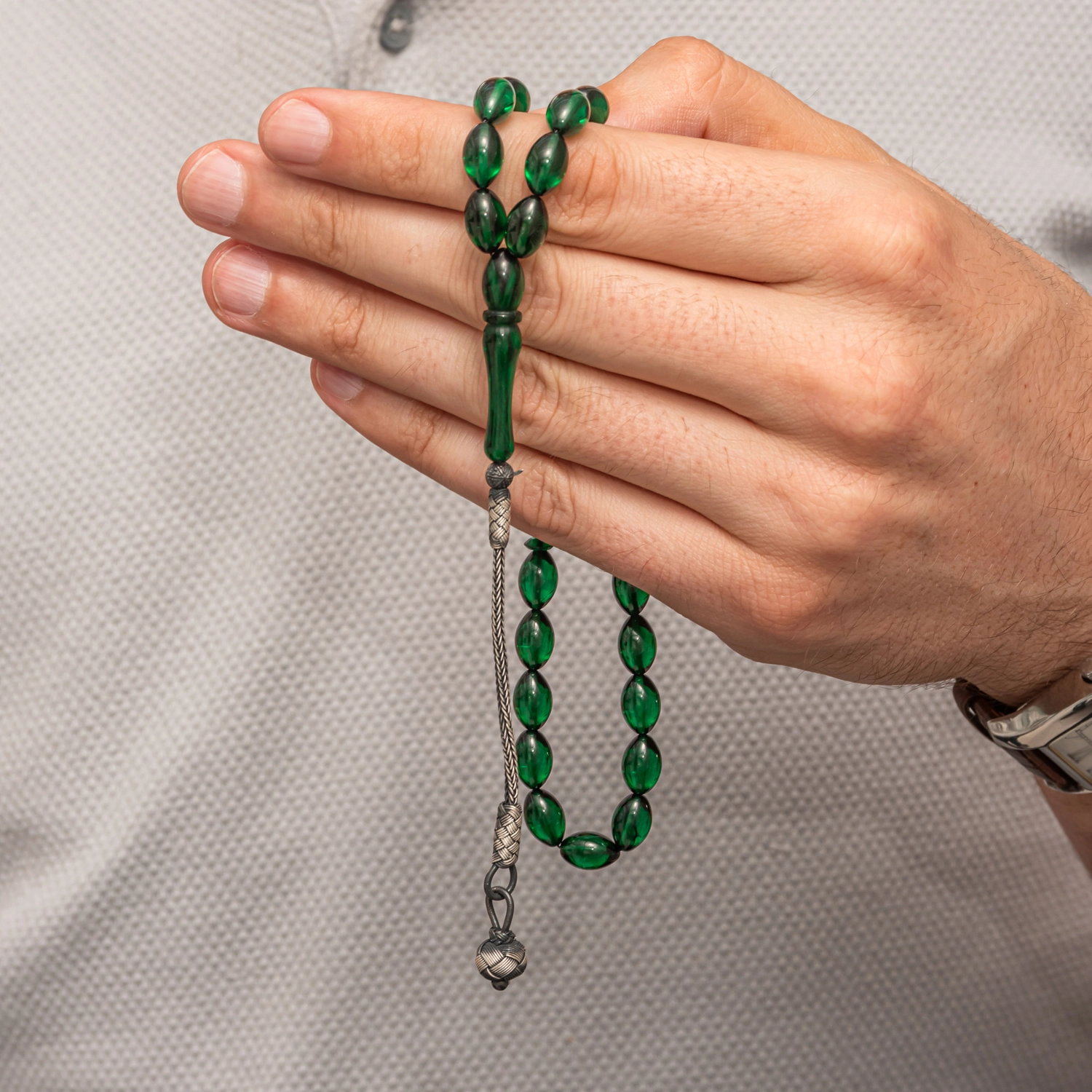 Green Compressed Amber Tasbih with Silver 925 Tassel