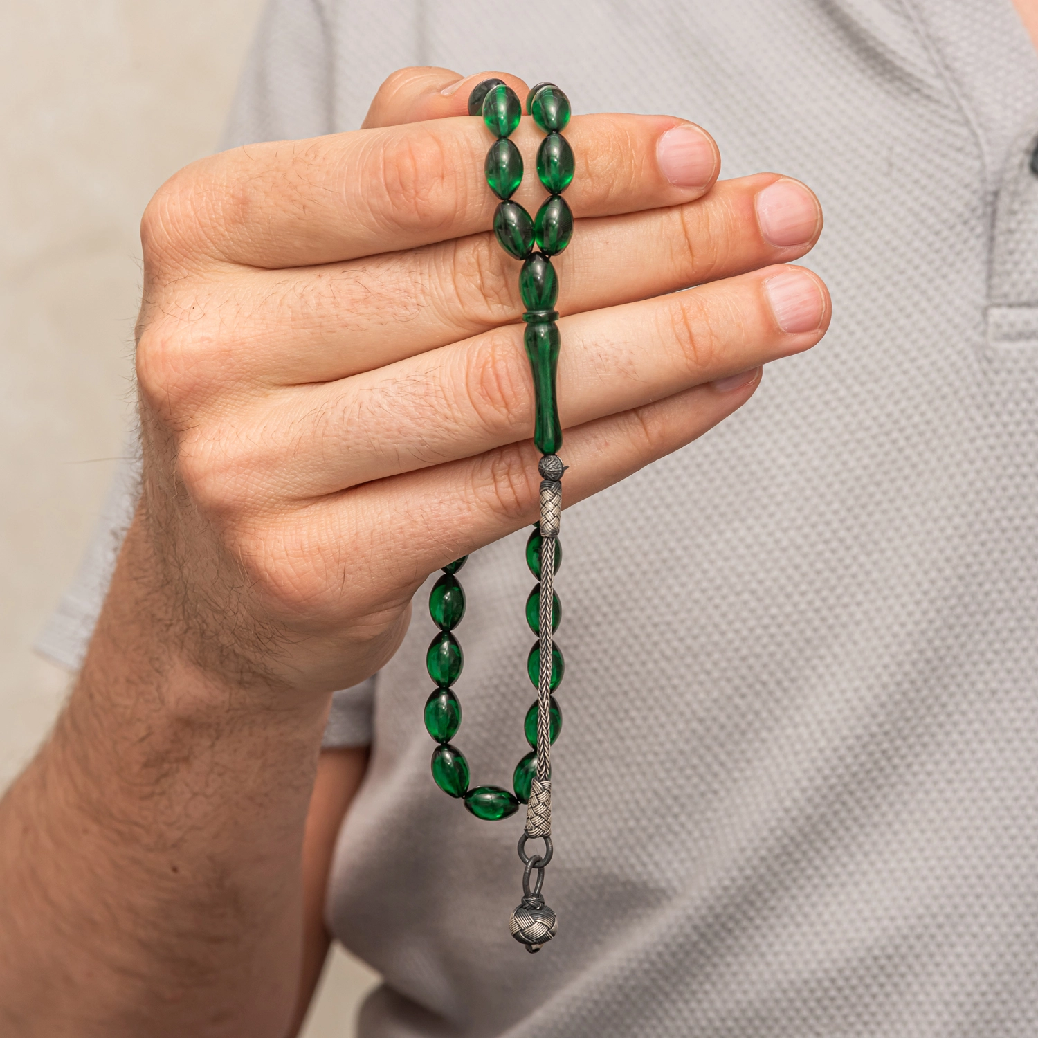 Green Compressed Amber Tasbih with Silver 925 Tassel