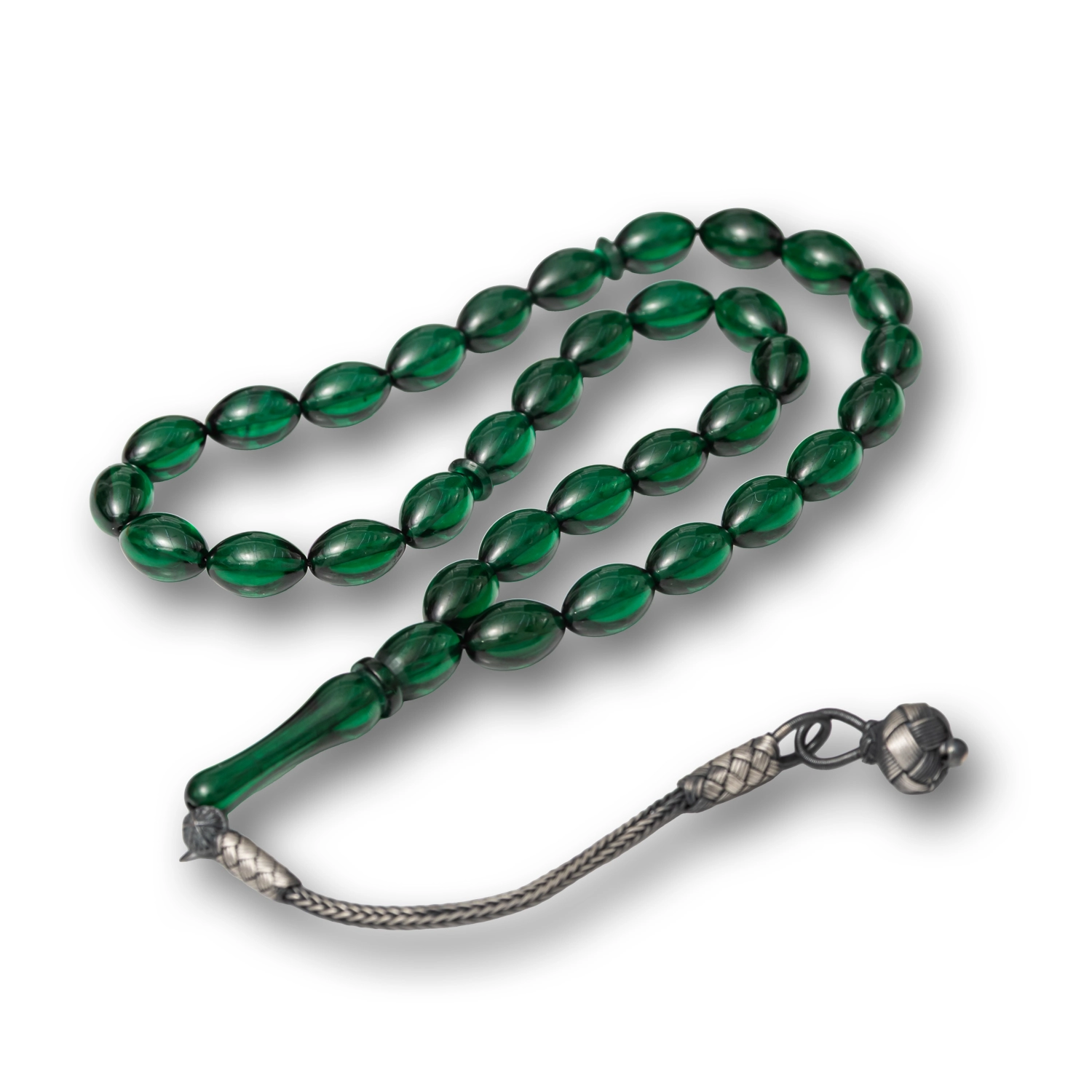 Green Compressed Amber Tasbih with Silver 925 Tassel
