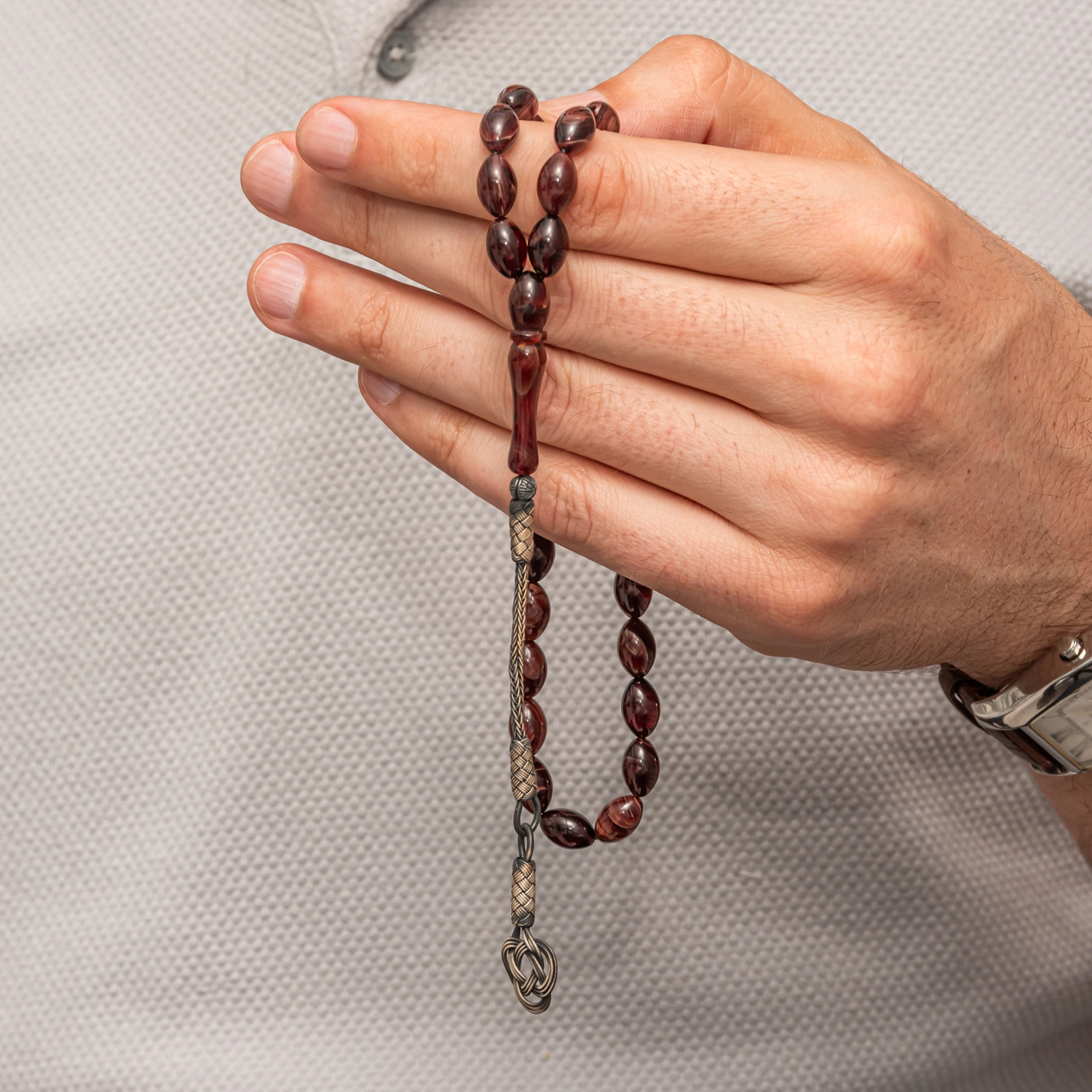 Pressed Brown Amber Tasbih with Silver 925 Tassel