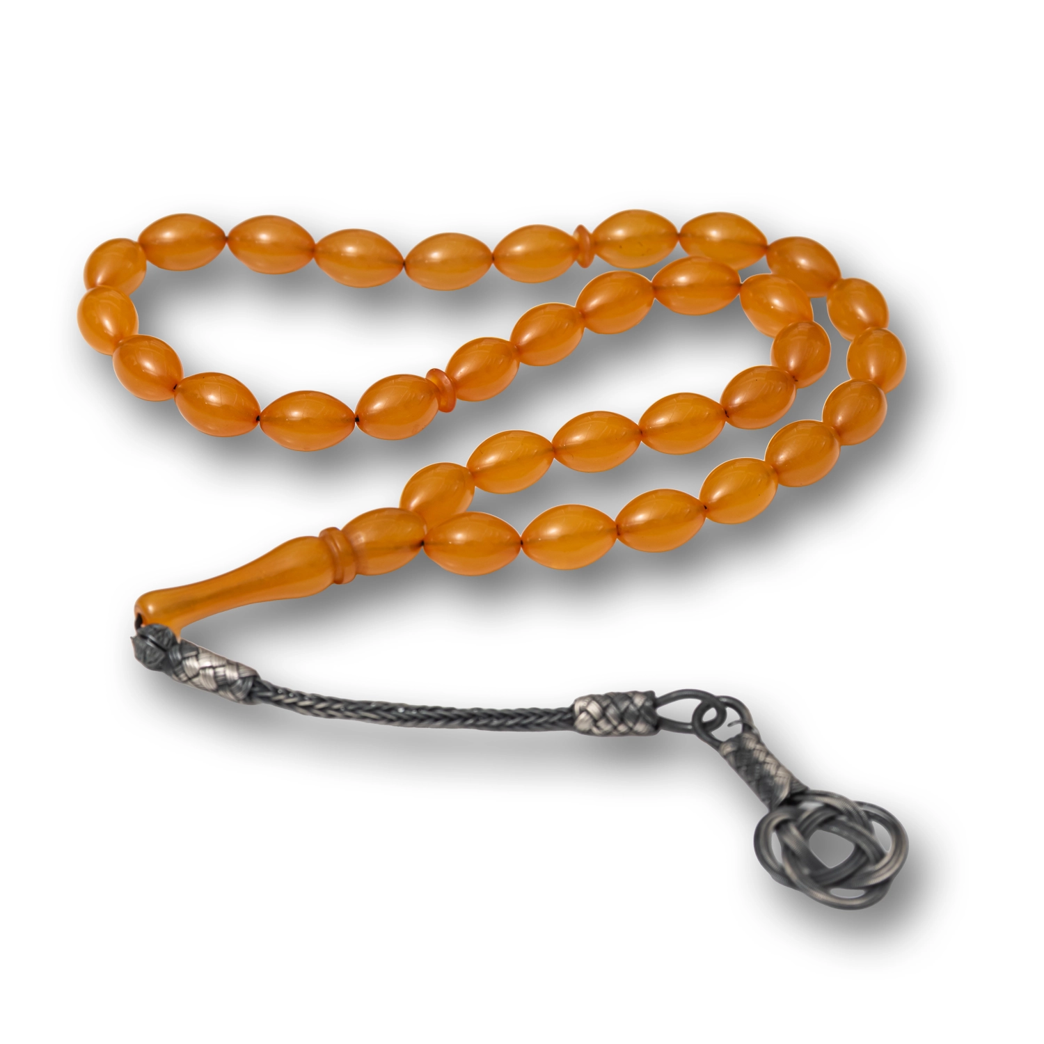 Pressed Orange Amber Tasbih with Kazaz Silver 925 Tassel