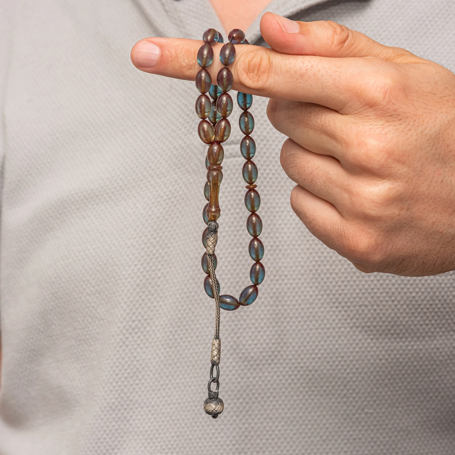 Pressed Amber Tasbih with Kazaz Silver 925 Tassel