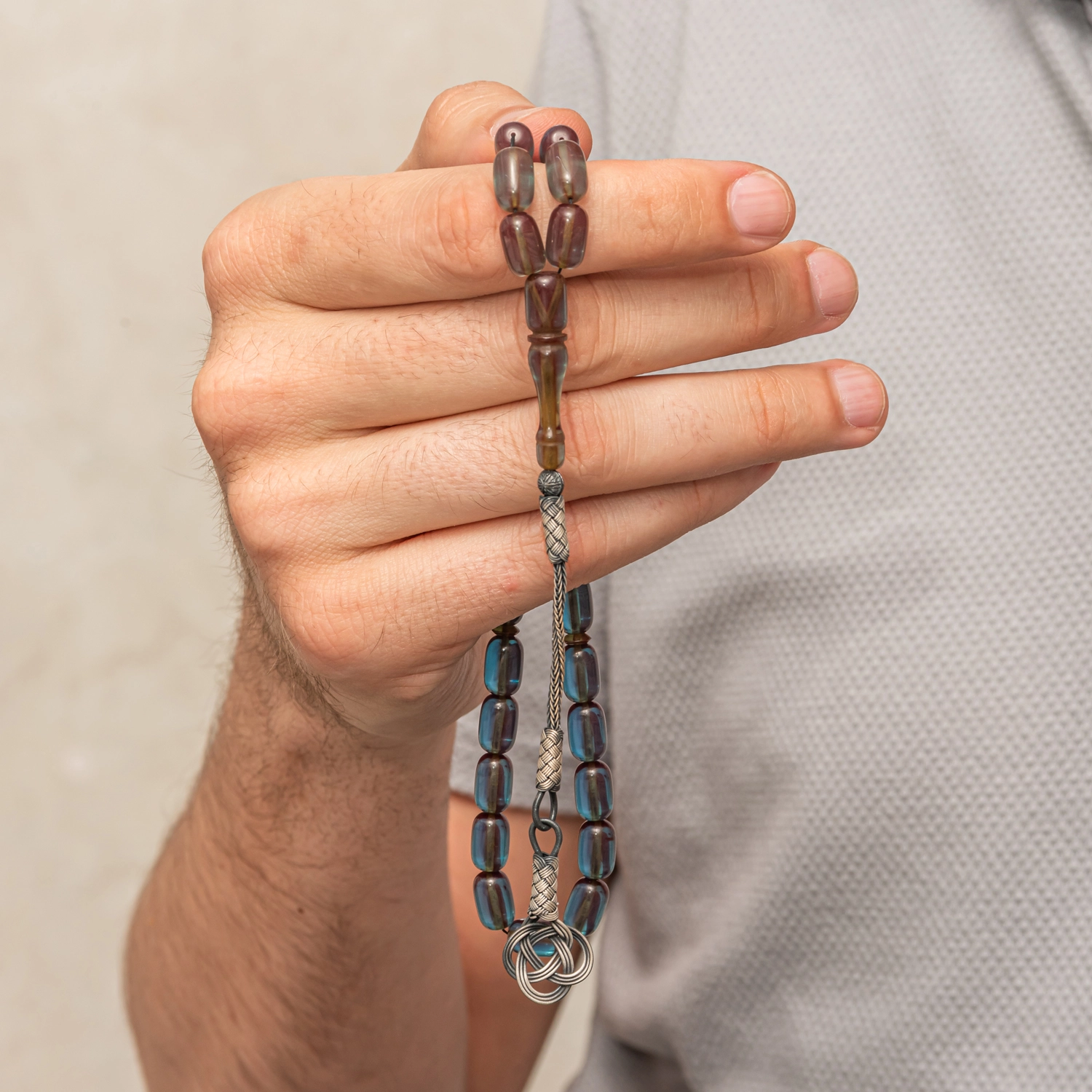 Capsule Cut Blue Squeezed Amber Tasbih with Silver Kazaz