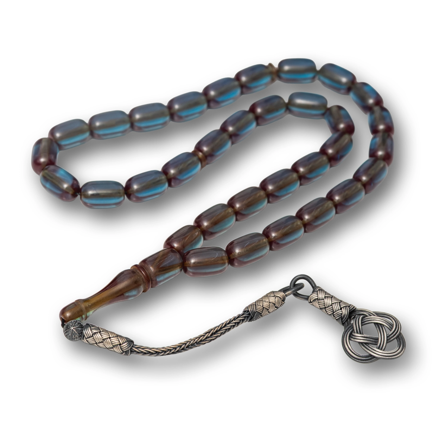 Capsule Cut Blue Squeezed Amber Tasbih with Silver Kazaz