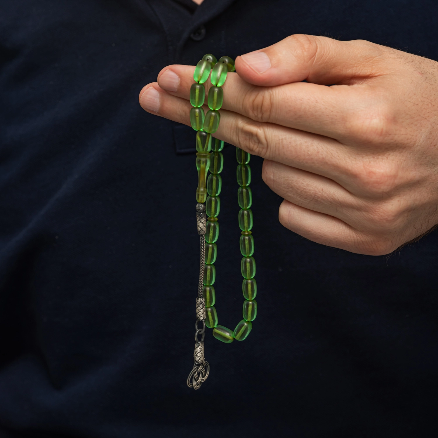 Capsule Cut Green Squeezed Amber Tasbih with Silver 925 Kazaz