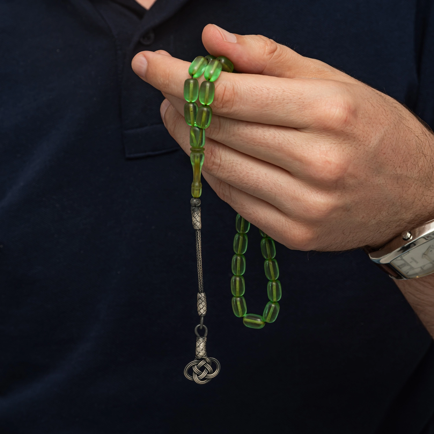 Capsule Cut Green Squeezed Amber Tasbih with Silver 925 Kazaz