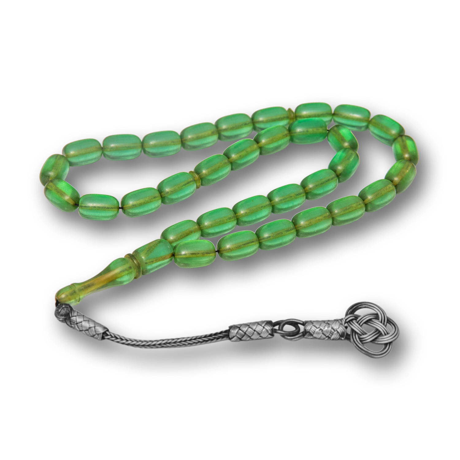 Capsule Cut Green Squeezed Amber Tasbih with Silver 925 Kazaz