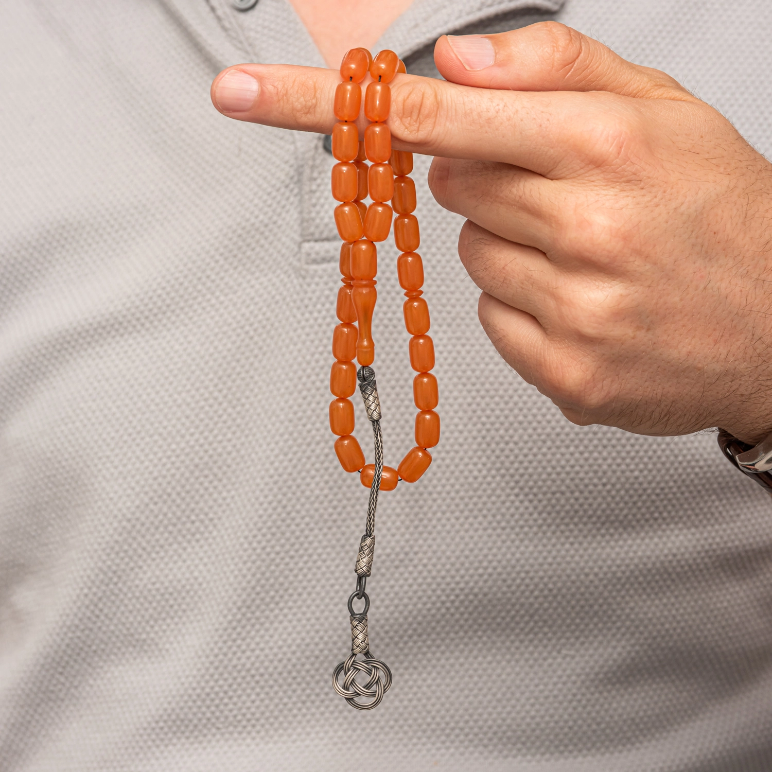 Capsule Cut Squeezed Amber Tasbih with Silver 925 Kazaz
