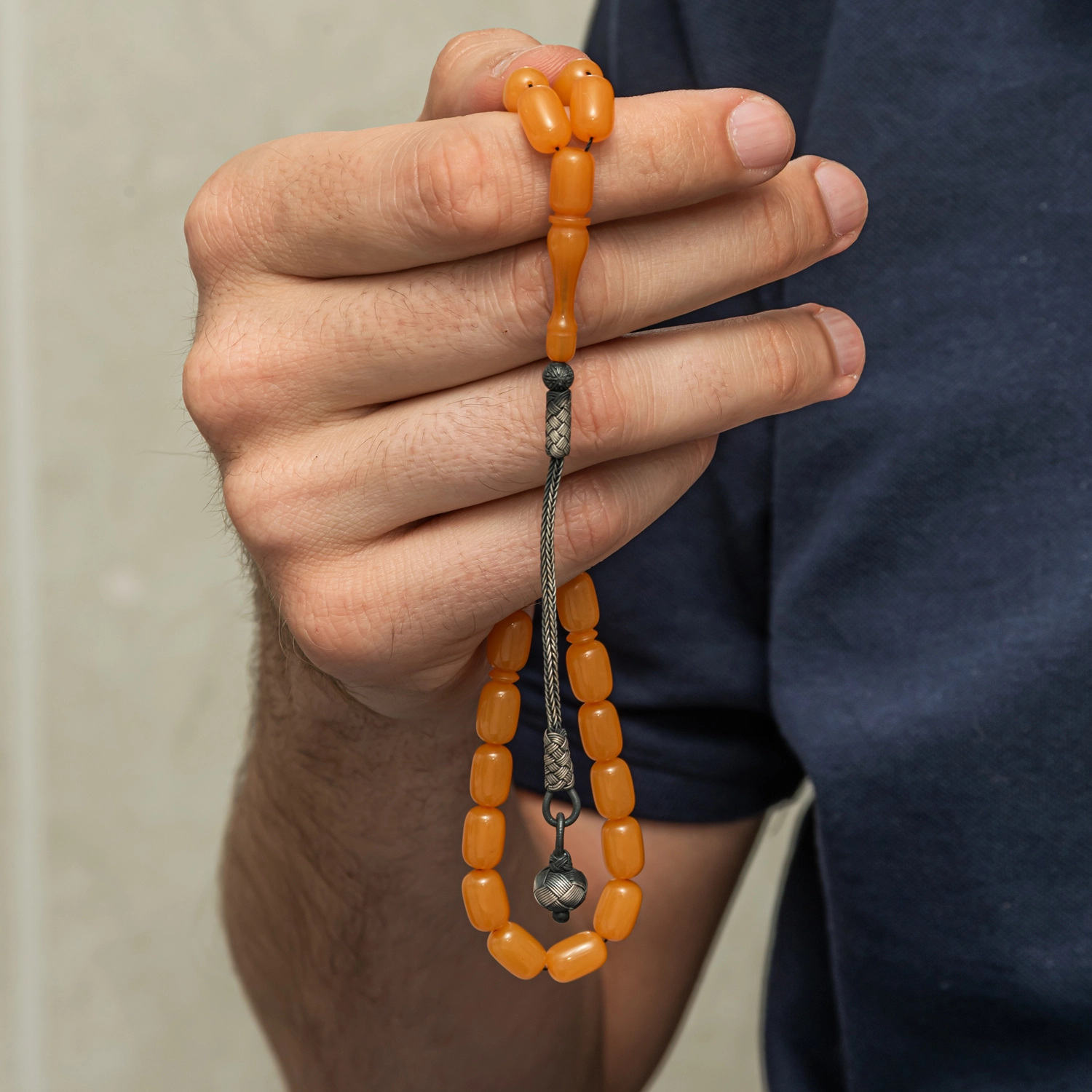 Capsule Cut Squeezed Amber Tasbih with Silver 925 Kazaz