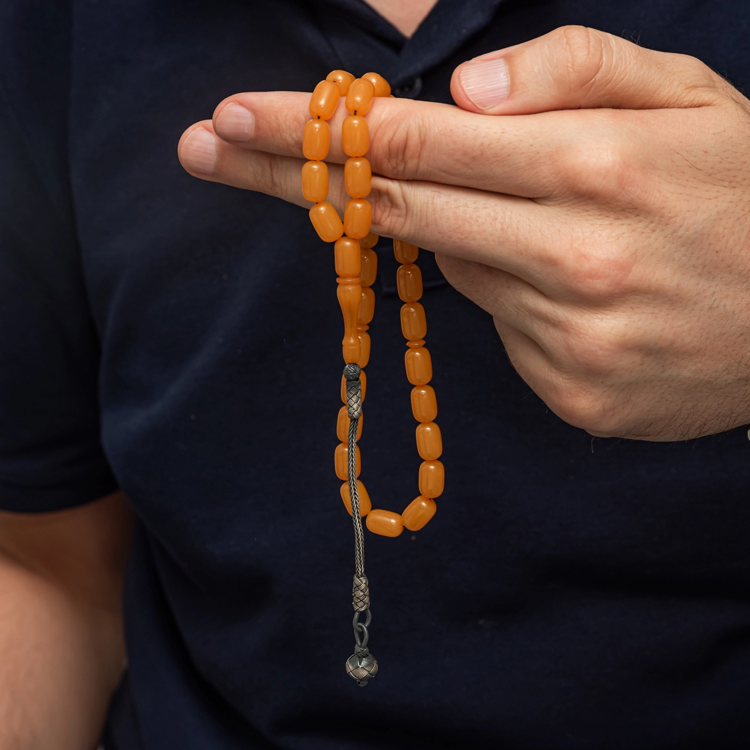 Capsule Cut Squeezed Amber Tasbih with Silver 925 Kazaz