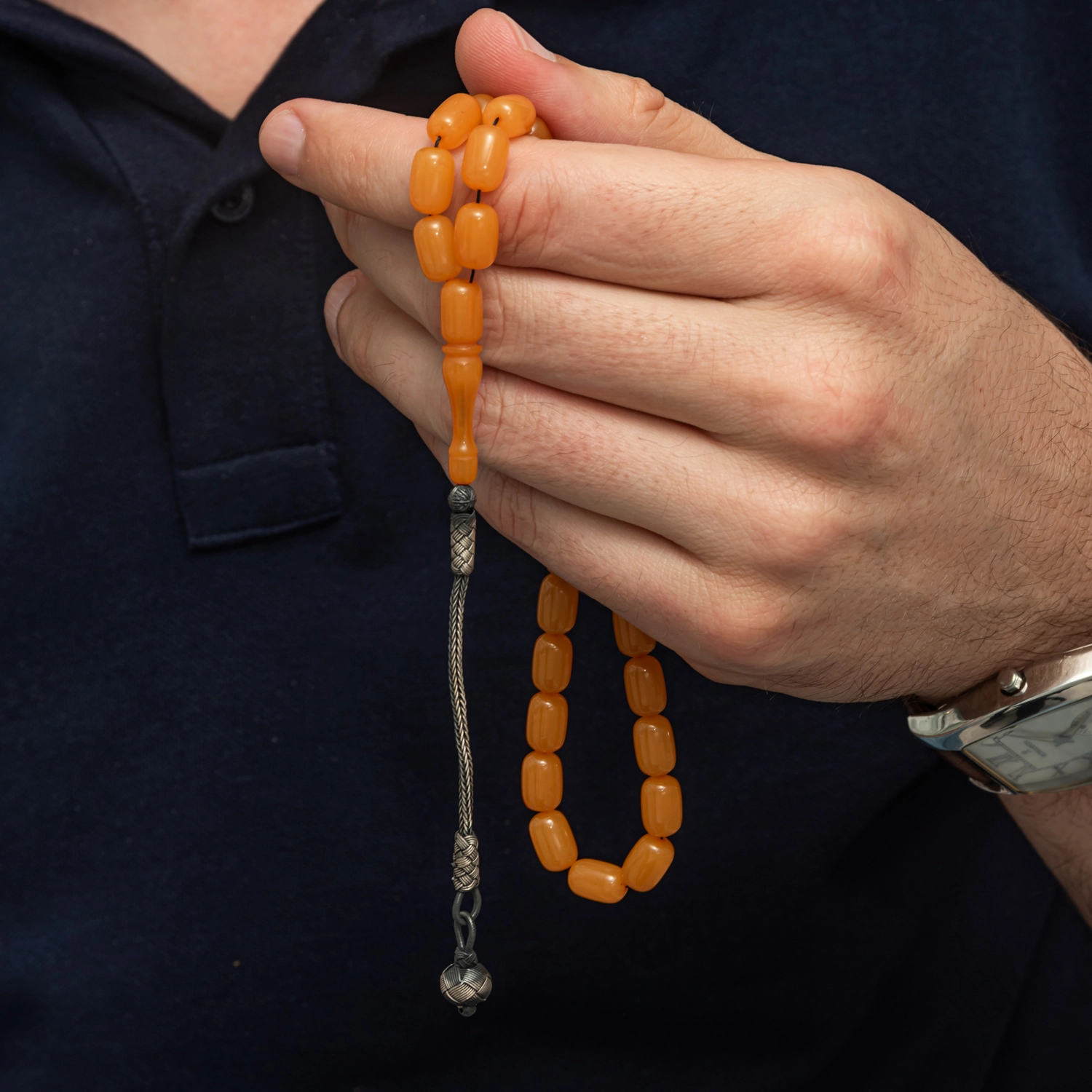 Capsule Cut Squeezed Amber Tasbih with Silver 925 Kazaz