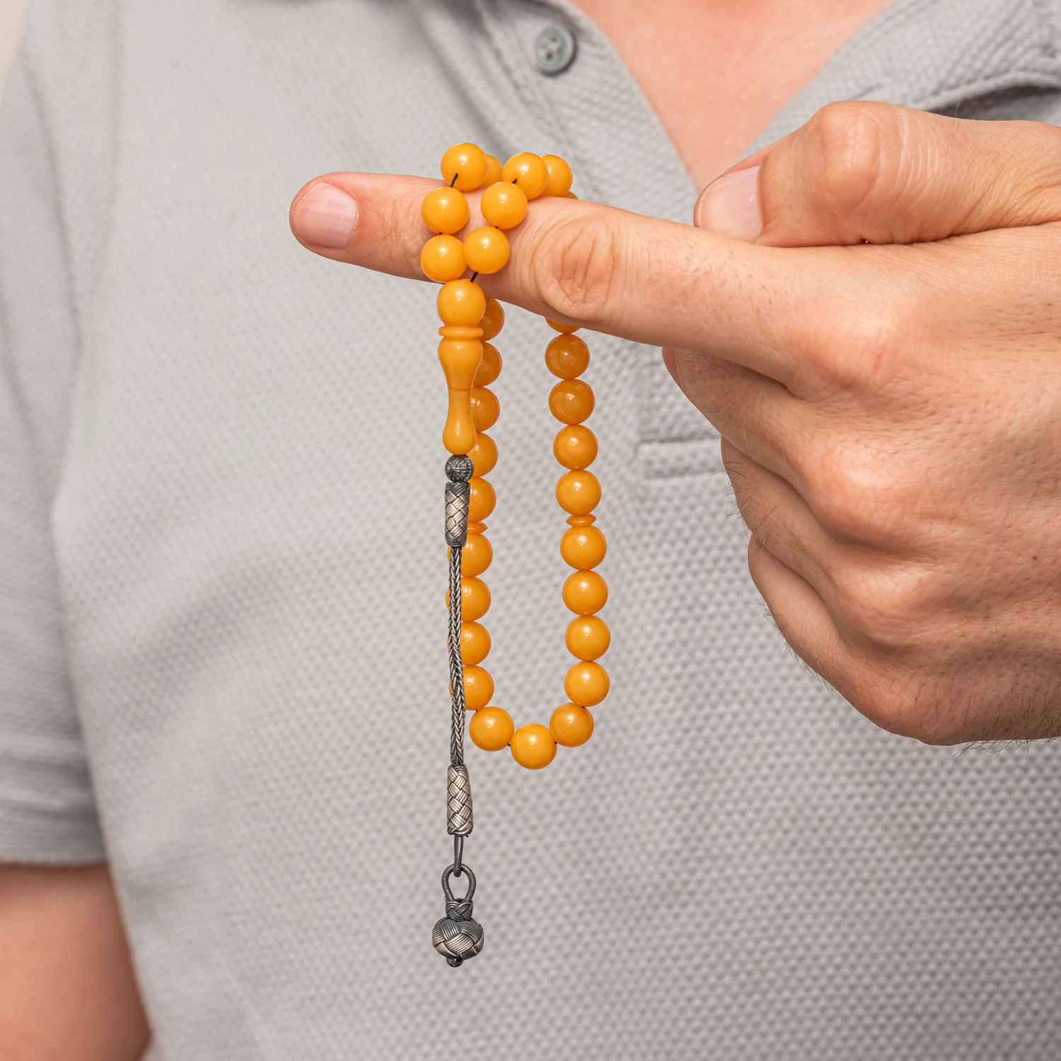 Yellow Round Amber Tasbih with Silver 925 Kazaz