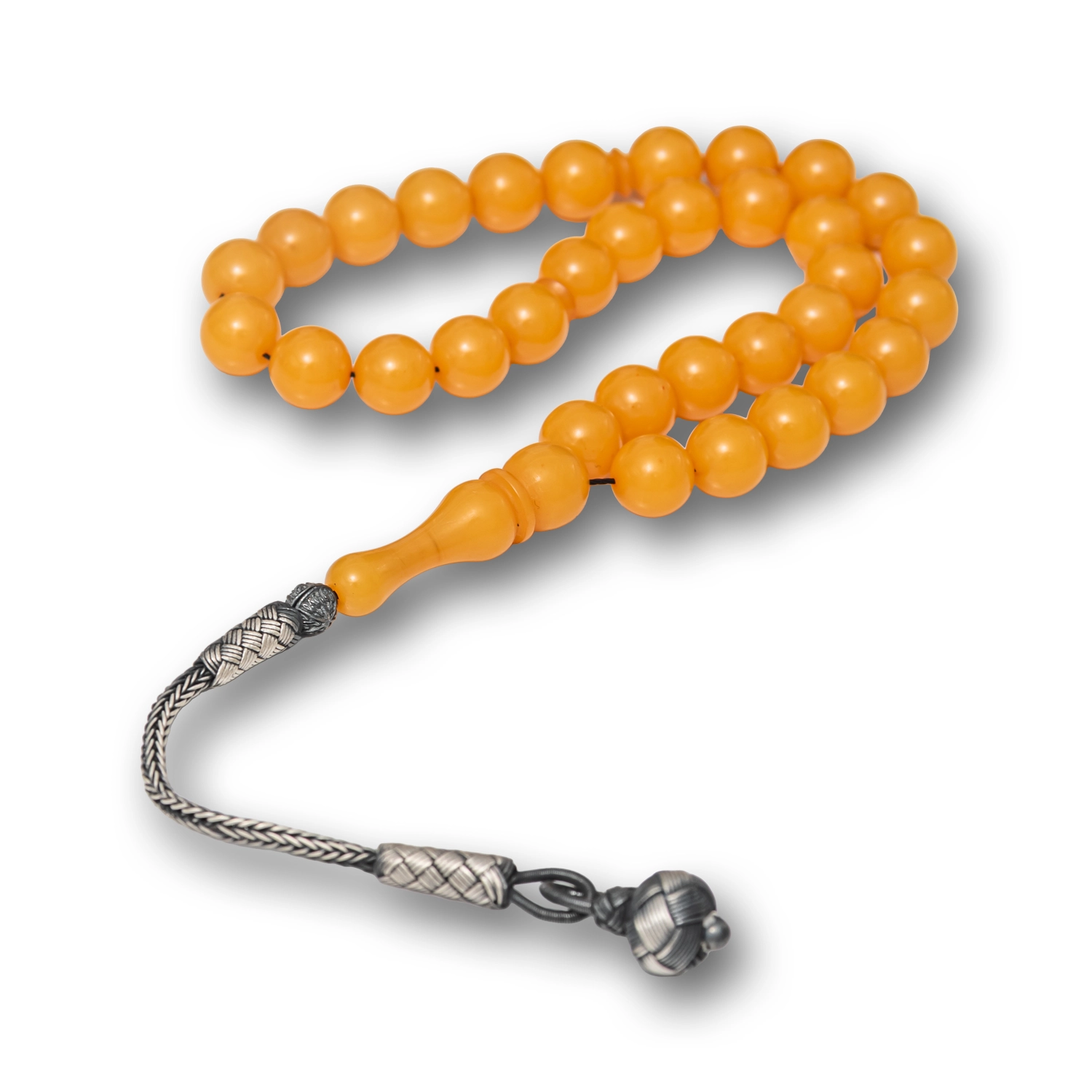 Yellow Round Amber Tasbih with Silver 925 Kazaz