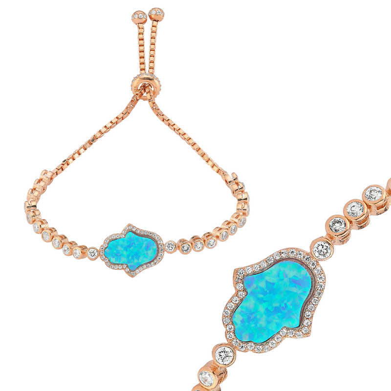 Silver Rose Blue Opal Fatima Hand Elevator Bracelet