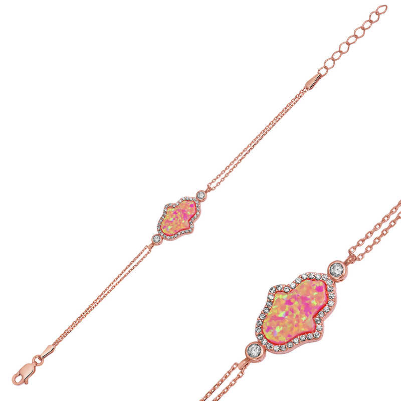 Silver Rose Pink Opal Fatima Hand Women’s Bracelet