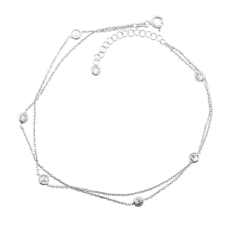 Silver Double Chain White Stone Anklet