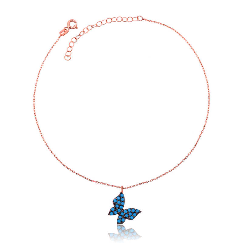 Silver Rose Blue Butterfly Anklet