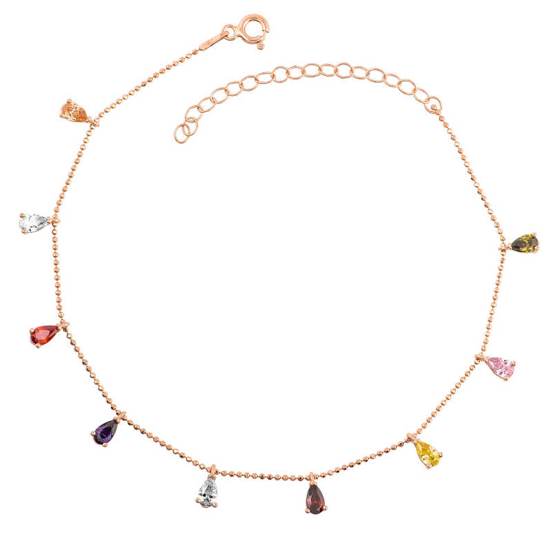 Silver Rose Colored Drop Anklet