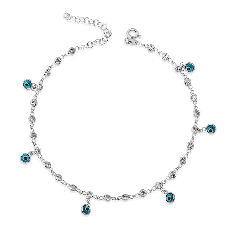 Silver Row Zircon Stone Evil Eye Rhodium Anklet